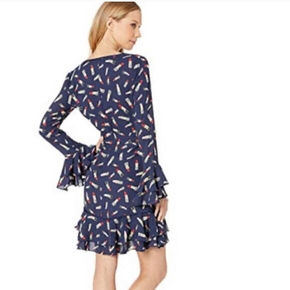BEBE Denise Full Wrap Ruffle Detail Dress, Red & Pink Lipstick Print Novelty | 2 - Picture 6 of 12